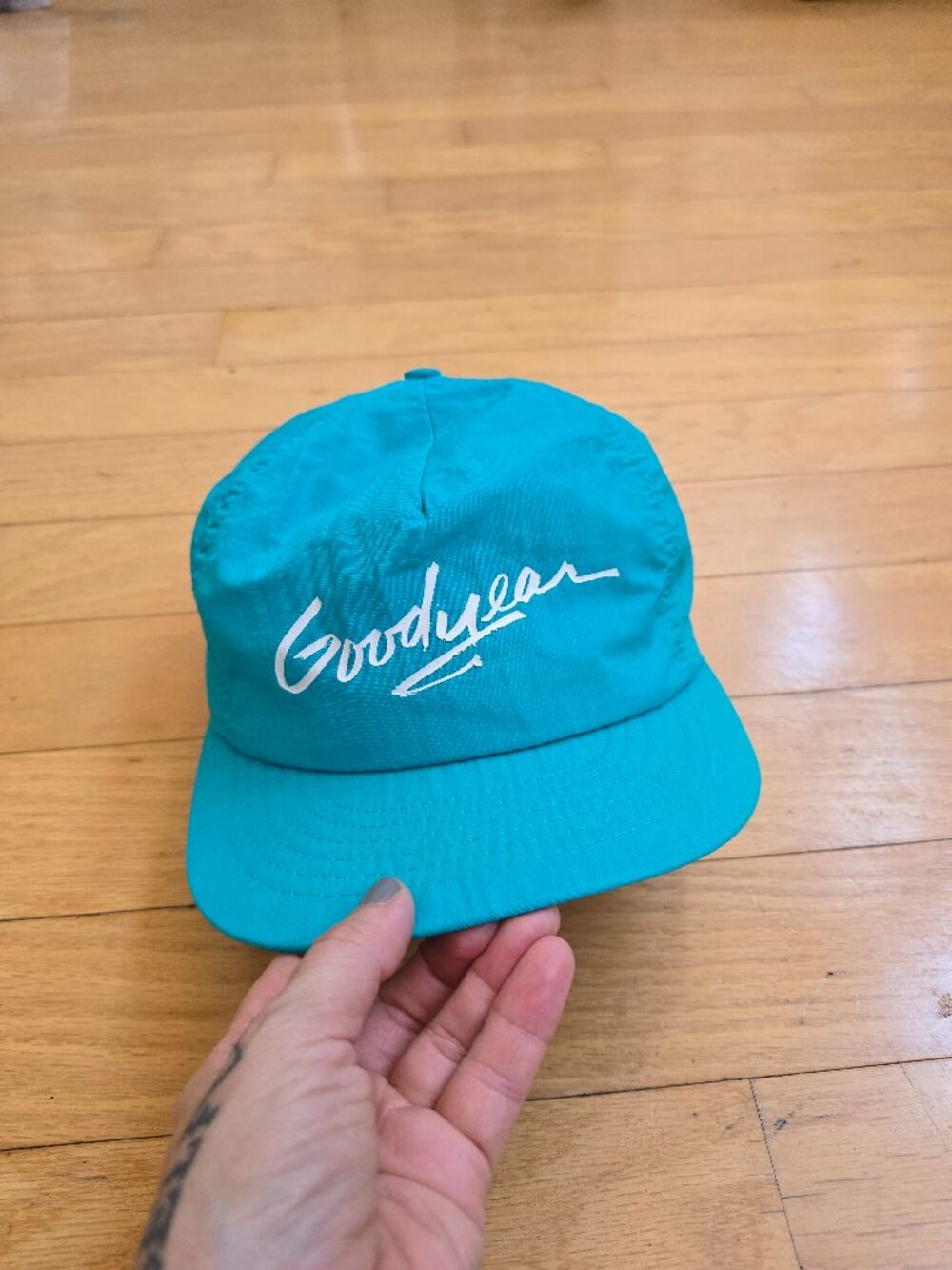 Vintage 80s Goodyear Script Logo Turquoise Teal Nylon Made in USA Snapback